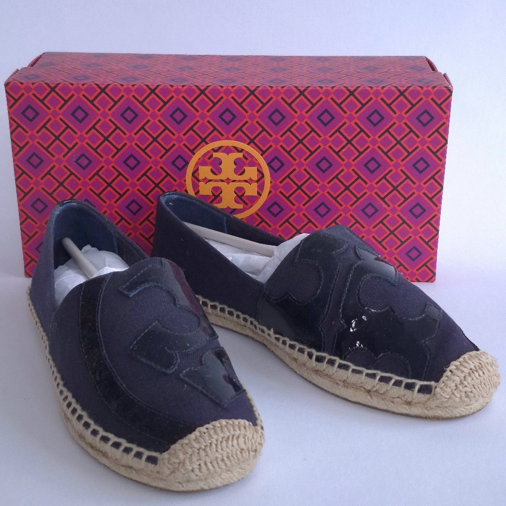 Tory Burch Lonnie Patent Leather/canvas Espadrille Flats